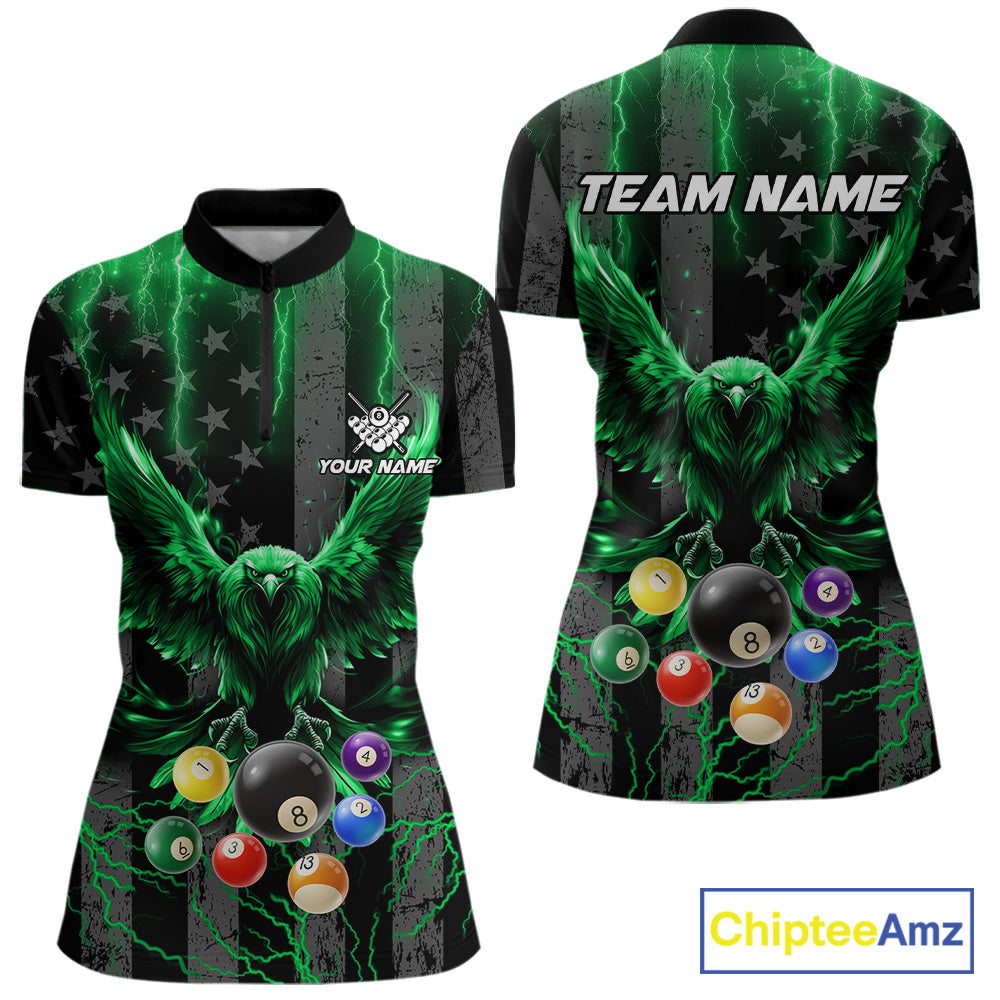 Green lightning eagle 8 ball billiard quarter zip shirt for women built for tournament and team competition.