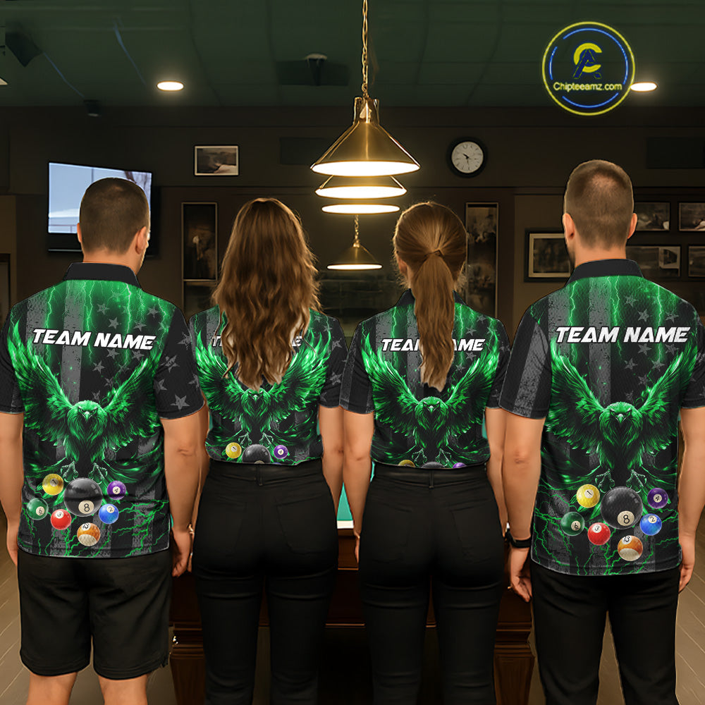 Back view of pool players wearing matching green lightning billiard shirts in a game room.