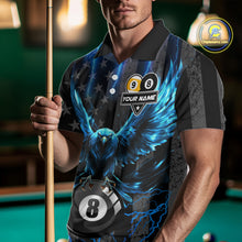 Load image into Gallery viewer, Man wearing a blue lightning eagle billiard jersey beside a pool table front view.