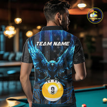 Load image into Gallery viewer, Back view of man wearing a blue lightning eagle pool team shirt in a billiards hall.