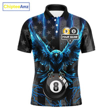 Load image into Gallery viewer, Blue lightning eagle 8 ball and 9 ball billiard polo shirt for men with patriotic American flag graphics.