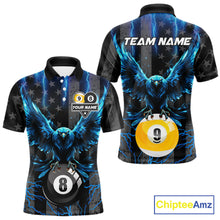 Load image into Gallery viewer, Blue lightning eagle 8 ball and 9 ball billiard polo shirt for men with patriotic American flag graphics.