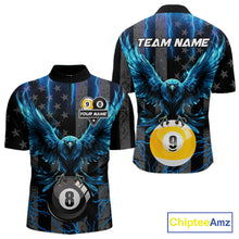 Load image into Gallery viewer, Blue lightning eagle 8 ball and 9 ball billiard quarter zip shirt for men designed for tournaments and league play.