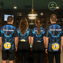 Load image into Gallery viewer, Back view of pool players wearing matching blue lightning eagle billiard shirts in a game room.