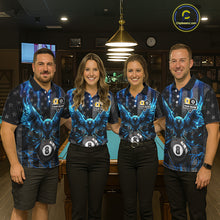 Load image into Gallery viewer, Pool team wearing matching blue lightning eagle billiard jerseys during league matches front view.