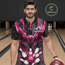 Load image into Gallery viewer, Man wearing a pink lightning eagle bowling polo shirt at a bowling alley front view.