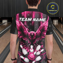 Load image into Gallery viewer, Back view of man wearing a pink lightning eagle bowling polo shirt inside a bowling alley.