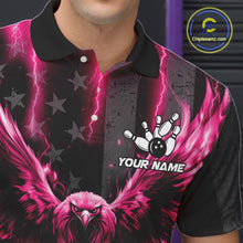 Load image into Gallery viewer, Close-up of a pink lightning eagle bowling polo shirt collar and chest design with eagle graphics.
