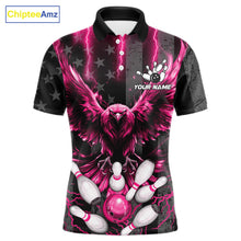Load image into Gallery viewer, Pink lightning eagle bowling polo shirt for men with patriotic American flag bowling team graphics.