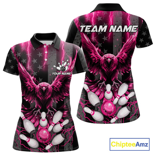 Pink lightning eagle bowling polo shirt for women with patriotic American flag bowling team graphics.