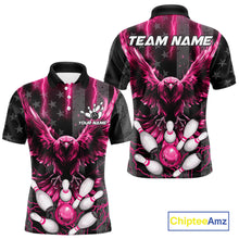 Load image into Gallery viewer, Pink lightning eagle bowling polo shirt for men with patriotic American flag bowling team graphics.