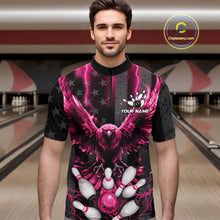 Load image into Gallery viewer, Man wearing a pink lightning eagle bowling quarter zip jersey during bowling league play front view.