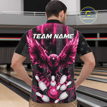 Load image into Gallery viewer, Back view of man wearing a pink lightning eagle bowling quarter zip shirt in a bowling alley.