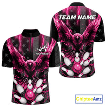 Load image into Gallery viewer, Pink lightning eagle bowling quarter zip shirt for men made for league matches and tournament play.