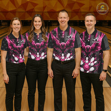 Load image into Gallery viewer, Bowling team wearing matching pink lightning eagle bowling jerseys during league matches front view.