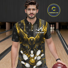 Load image into Gallery viewer, Man wearing a yellow lightning eagle bowling polo shirt at a bowling alley front view.