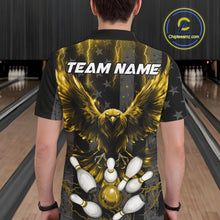 Load image into Gallery viewer, Back view of man wearing a yellow lightning eagle bowling polo shirt in a bowling alley.