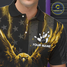 Load image into Gallery viewer, Close-up of a yellow lightning eagle bowling polo shirt collar and chest design with patriotic graphics.