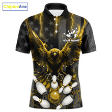 Load image into Gallery viewer, Yellow lightning eagle bowling polo shirt for men with patriotic American flag team graphics.