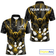 Load image into Gallery viewer, Yellow lightning eagle bowling polo shirt for men with patriotic American flag team graphics.