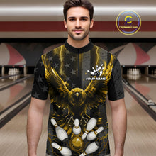 Load image into Gallery viewer, Man wearing a yellow lightning eagle bowling quarter zip jersey during league matches front view.