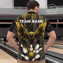 Load image into Gallery viewer, Back view of man wearing a yellow lightning eagle bowling quarter zip shirt in a bowling alley.