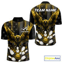 Load image into Gallery viewer, Yellow lightning eagle bowling quarter zip shirt for men designed for league tournaments and team events.