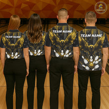 Load image into Gallery viewer, Back view of bowling team wearing matching lightning eagle bowling jerseys in a bowling alley.