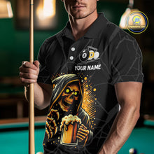 Load image into Gallery viewer, Man wearing Grim Reaper 8 ball and 9 ball pool and beer That's Why I'm Here billiard polo shirt front view.