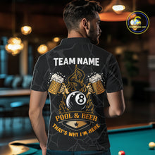Load image into Gallery viewer, Man wearing Grim Reaper 8 ball pool and beer That's Why I'm Here billiard polo shirt back view.