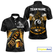 Load image into Gallery viewer, Grim Reaper 8 ball pool and beer That's Why I'm Here custom billiard team jersey polo shirt for men, funny pool league apparel.