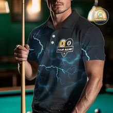 Load image into Gallery viewer, Man wearing a blue lightning billiard shirt during pool match front view.