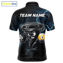 Load image into Gallery viewer, Blue lightning pool shirt for men with tornado billiard design and custom team aesthetic.