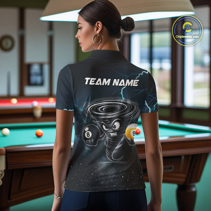 Back view of woman wearing a tornado billiard jersey inside a game hall.