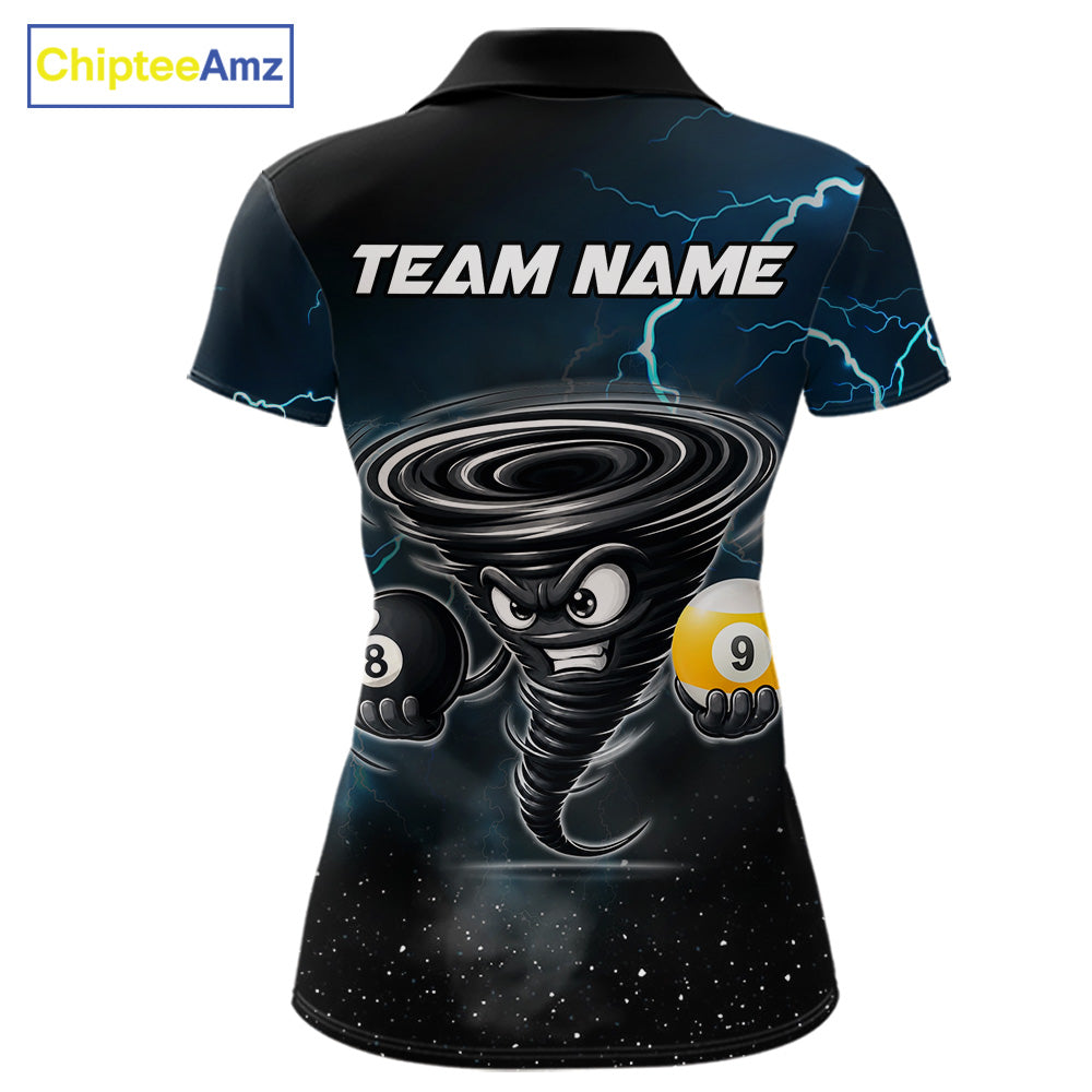 Blue lightning pool shirt for women with tornado billiard design and custom team aesthetic.