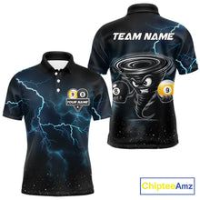 Load image into Gallery viewer, Tornado 8 ball and 9 ball billiard polo shirt for men with blue lightning graphics and bold league style.