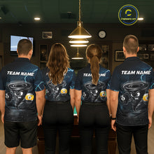 Load image into Gallery viewer, Back view of pool players wearing tornado themed billiard shirts during competition.