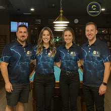 Load image into Gallery viewer, Pool team wearing matching lightning billiard jerseys during tournament matches front view.