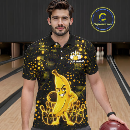 Man wearing black and yellow funny banana bowling team jersey polo shirt featuring funny banana artwork, front view.