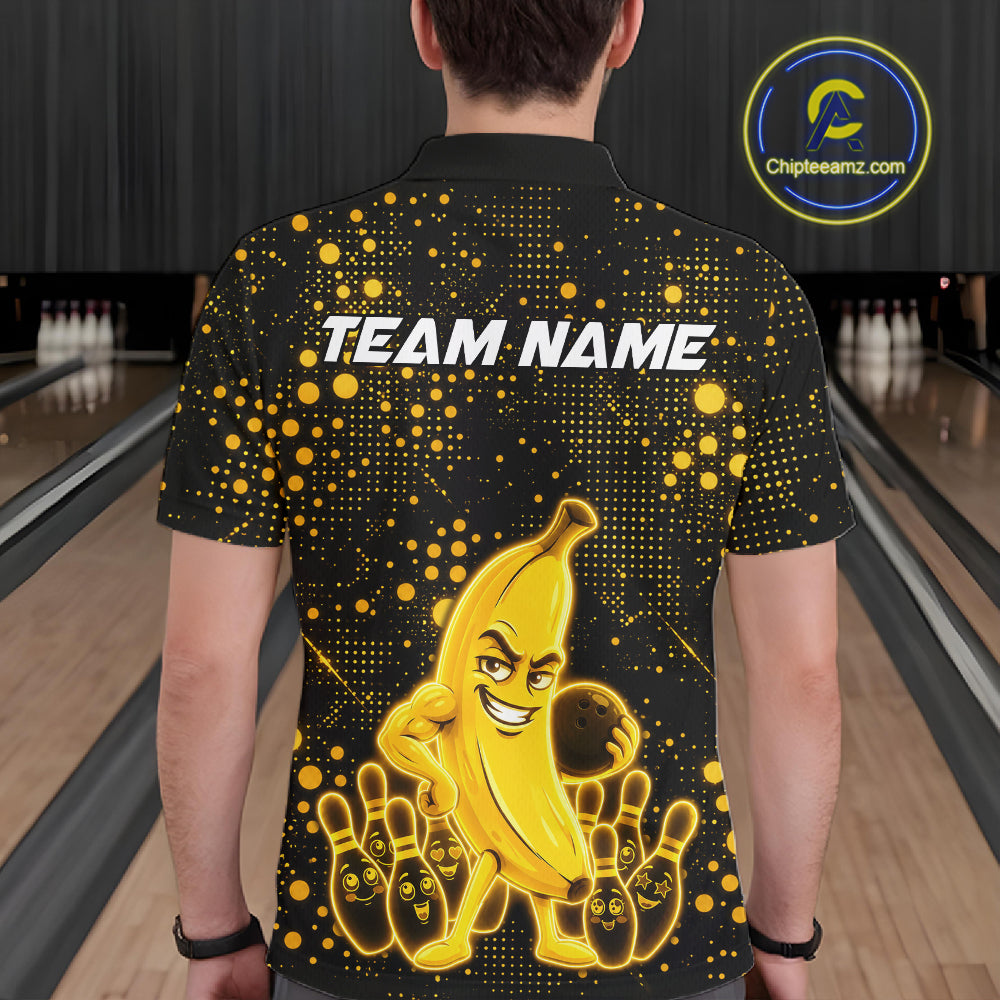 Man wearing black and yellow funny banana bowling team jersey polo shirt featuring funny banana artwork, back view.