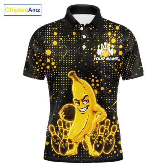 Black and yellow funny banana bowling team jersey polo shirt for men featuring a glowing funny banana bowling design, premium custom bowling league apparel.