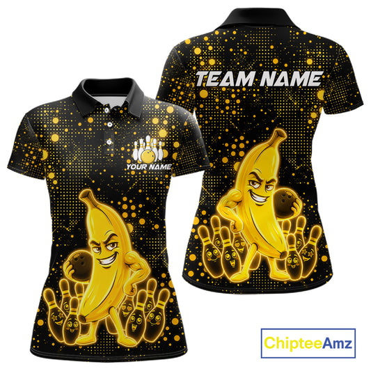 Black and yellow funny banana bowling team jersey polo shirt for women featuring a glowing funny banana bowling design, premium custom bowling league apparel.