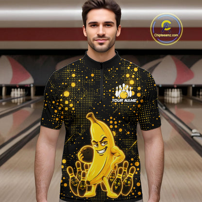 Man wearing black and yellow funny banana bowling team jersey quarter zip shirt featuring funny banana artwork, front view.
