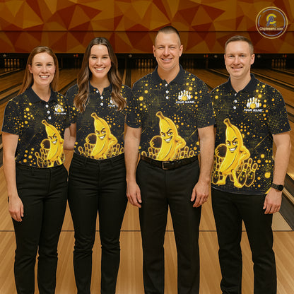 Bowling team wearing matching black and yellow funny banana bowling team jerseys, front view.