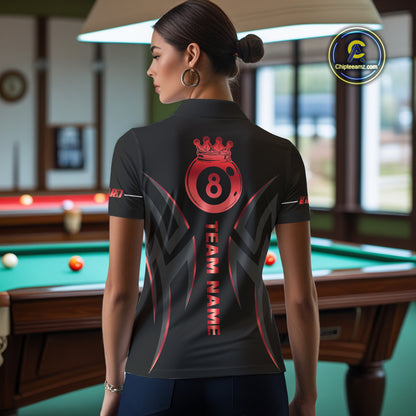 Customized 8 Ball Pool Crown Women Billiard Shirts, Red And Black Billiard Team Shirt Pool Jerseys TDM4728