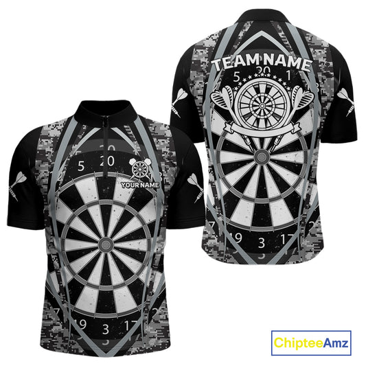 Personalized Grunge Grey Pixel Camo Dart Shirts For Men, Dart Jerseys Team Polo & Quarter Zip TDM3954
