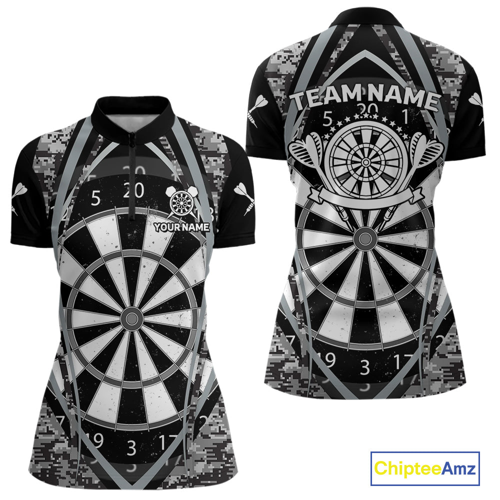 Personalized Grunge Grey Pixel Camo Dart Shirts For Women, Dart Jerseys Team Polo & Quarter Zip TDM3954
