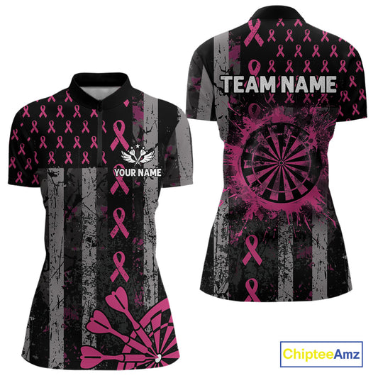 Personalized Grunge US Flag Pink Ribbon Patriotic Darts Shirt For Women, Breast Cancer Darts Jersey TDM4501