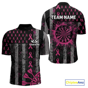 Personalized Grunge US Flag Pink Ribbon Patriotic Darts Shirt For Men, Breast Cancer Darts Jersey TDM4501
