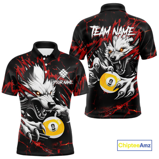 Personalized 9 Ball Pool Wolf Billiard Shirts For Men, Billiard Team Jersey Polo & 1/4 Zip |Red TDM4505